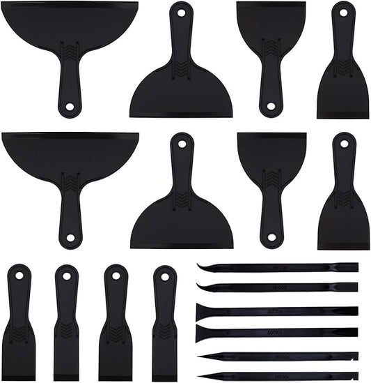 18 PCS Plastic Putty Knife, Includes 12 Plastic Putty Filler Knife and 6 Scrapers Tool, Flexible Putty-Scraper for Spackling, Repairing Drywall, Removing Wallpaper, Applying Mud or Plaster