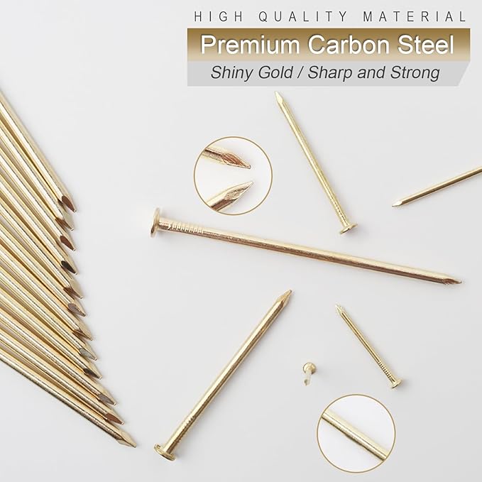 6 Sizes Gold Hardware Nails Assortment Kit, 358pcs, Brass Plated, Nails for Hanging Pictures, Finishing Nails, Wood Nails, Wall Nails for Hanging (3”, 2”, 1-1/2”, 1-1/4", 1”, 3/4")
