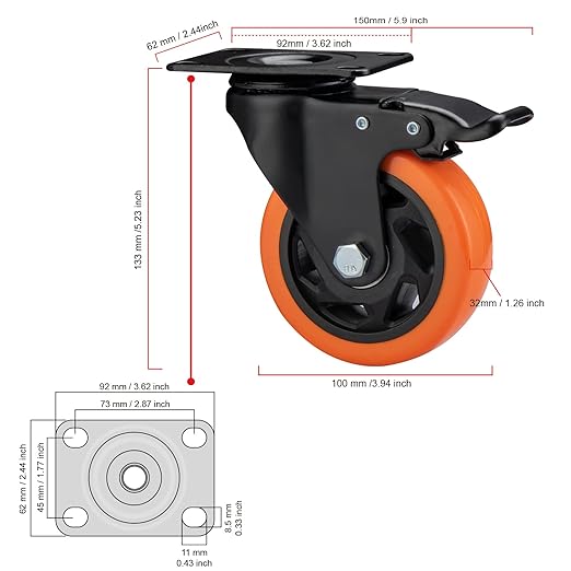 4" Caster Wheels, Casters Set of 8 Heavy Duty - Orange Polyurethane Castors, Top Plate Swivel Wheels, 8 Pack Industrial Casters with Brake, Locking Caster for Furniture and Workbench
