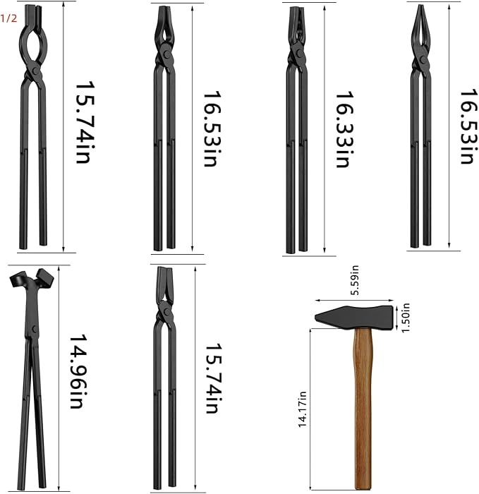 Blacksmith Tongs Set,7PCS Blacksmith Forge Kit for Beginner and Seasoned Blacksmiths, Craftsmen and Bladesmiths