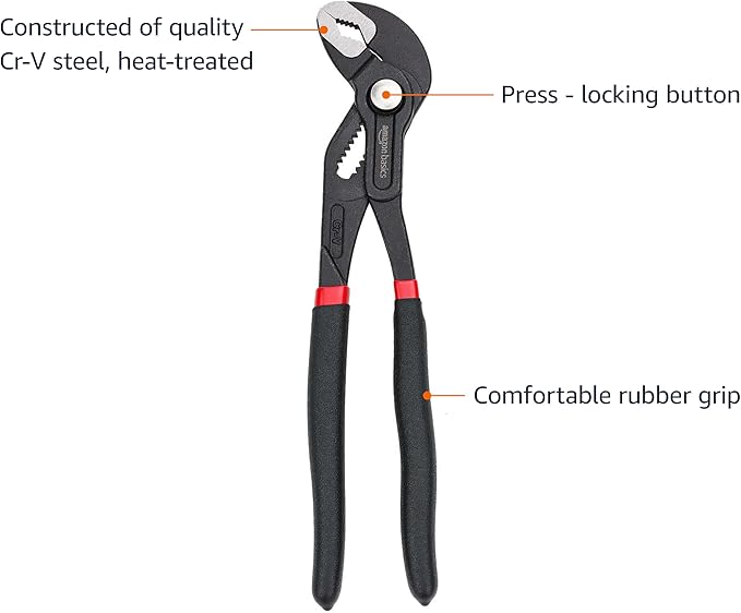 Amazon Basics 3-Piece Quick Release Groove Joint Pliers Set, Drop Forged Chrome Vanadium Steel, Includes 7-inch,10-inch, and 12-inch, Black