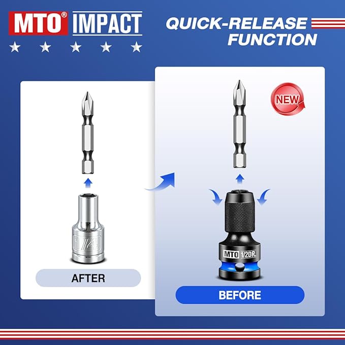 MTO 1/2 3/8 1/4-Inch Square Drive to 1/4-Inch Hex Socket Adapter, 3PCS Quick Release Impact Bit Holder, for Impact Wrench Ratchet, CR-MO