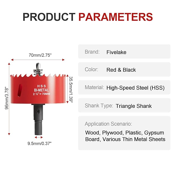 2-3/4" (70mm) Bi-Metal M42 High Speed Steel Hole Saw with Pilot Drill Bit, Smooth Cutting Edge for PVC, Drywall, Wood, Plastic, Gypsum Board, Rubber, Thin Metal