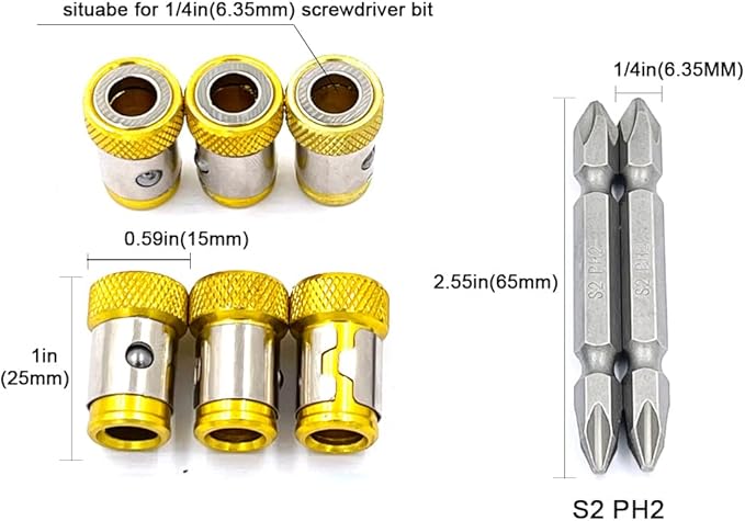 6 Pieces Magnetic Screw Ring With 2 Pieces Ph2 Screwdriver Bit Set,Magnetizer Screw Removable For 1/4 Inch/6.35mm Hex Screwdriver and Power Bits (YELLOW)
