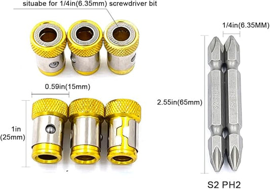 6 Pieces Magnetic Screw Ring With 2 Pieces Ph2 Screwdriver Bit Set,Magnetizer Screw Removable For 1/4 Inch/6.35mm Hex Screwdriver and Power Bits (YELLOW)