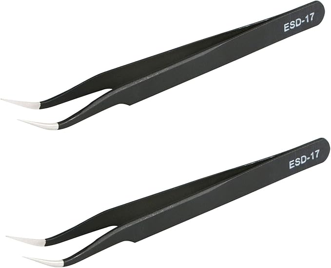 Aoje-Link ESD-17 Professional Anti-Static Precision Technology Tweezers, Non-magnetic Fine Tip Curved, Stainless Steel Plastic Coated, Full Length 125mm, Black, 2pcs