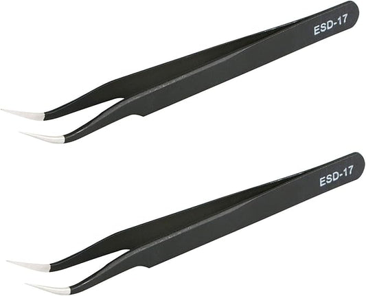 Aoje-Link ESD-17 Professional Anti-Static Precision Technology Tweezers, Non-magnetic Fine Tip Curved, Stainless Steel Plastic Coated, Full Length 125mm, Black, 2pcs
