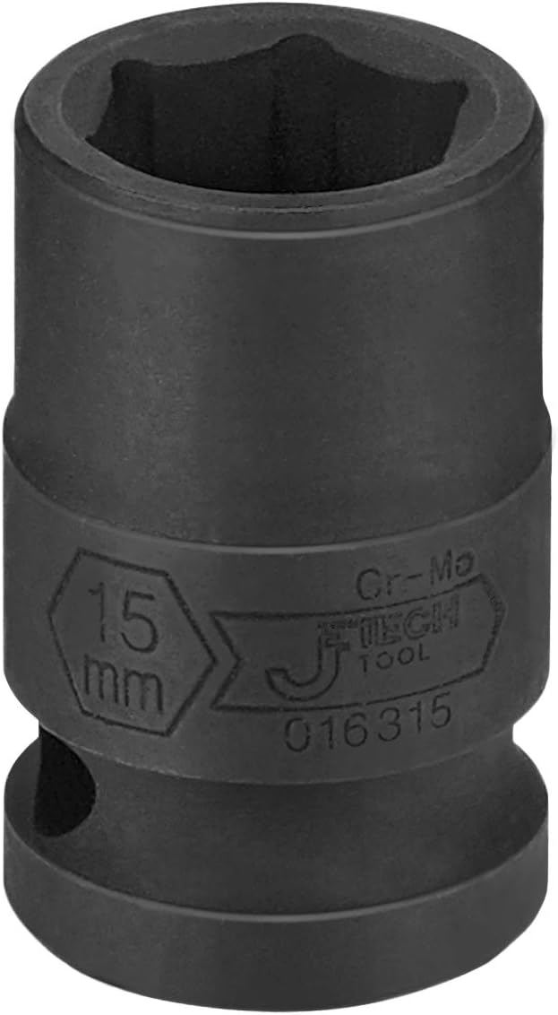 JETECH 1/2 Inch Drive 15mm Standard Impact Socket, Chrome Molybdenum Alloy Steel, 6-Point Design, Metric