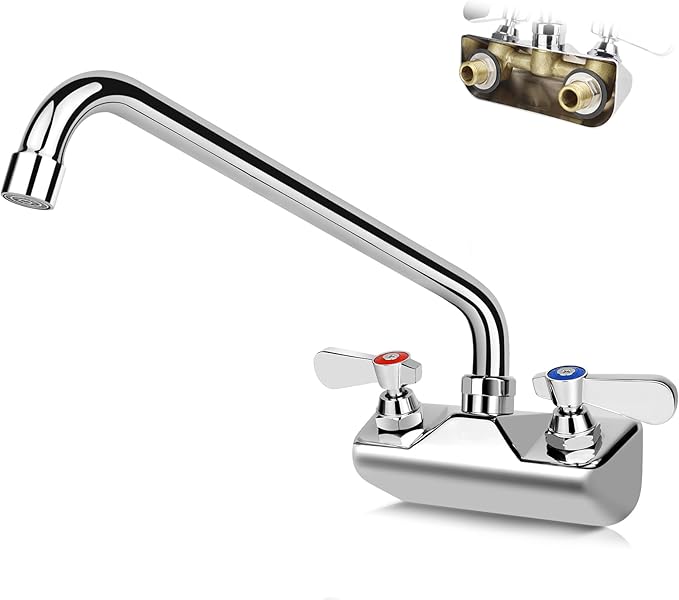 Leak-Free Commercial Sink Faucet 12" Swivel Spout, Wall Mount Kitchen Hand Sink Faucet with 4 Inch Center, 1/2" NPT Male Inlet, Brass Constructed & Chrome Polished, Dual Lever Handles