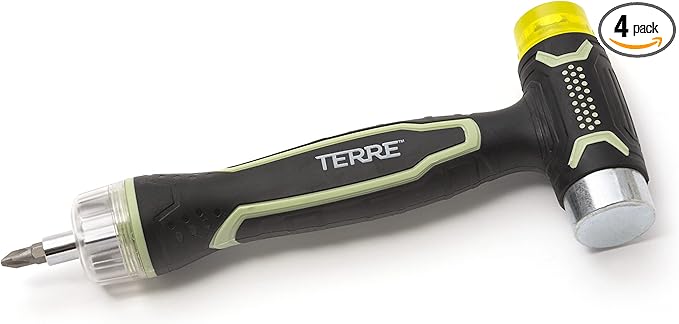 Terre Products, 6 in 1 Double Faced Hammer Tool, Small Rubber Mallet Hammer, Built-In Multi Bit Screwdriver, Ergonomic Non-Slip TPR Handle, Perfect for Crafts, Jewelry, Wood, Auto, and Flooring