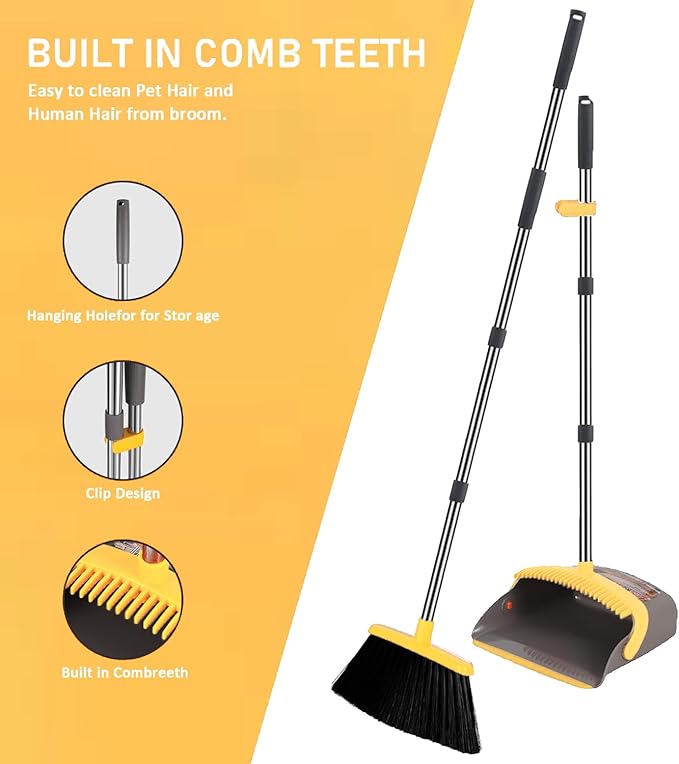 2-Pack is More economical竊똗pgraded Broom and Dustpan竊?with 52" Long Handle, Dustpan Teeth with self-Cleaning Function, Indoor and Outdoor Sweeping, Perfect for Home Office