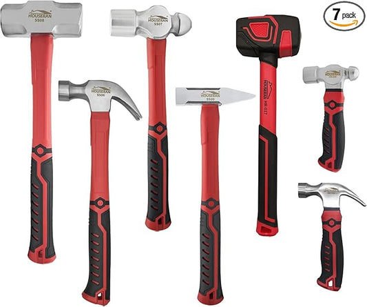 7-Pieces Hammer Set, 24 oz Claw Hammer, 12oz Claw Hammer, 13oz Ball Peen Hammer, 2 Lb Ball Peen Hammer, 3 Lb Sledge Hammer, Engineer Hammer, 10oz Rubber Mallet