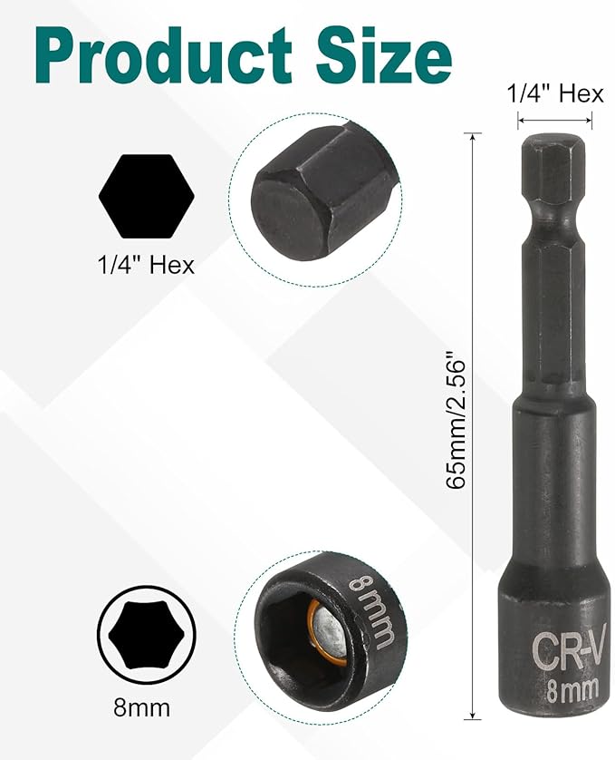 uxcell 2Pcs 1/4" Hex Shank 8mm Magnetic Hex Socket 65mm Length, CR-V Steel Quick-Release Impact Driver Socket Wrench Screw for Impact Drill Power Nut Setter