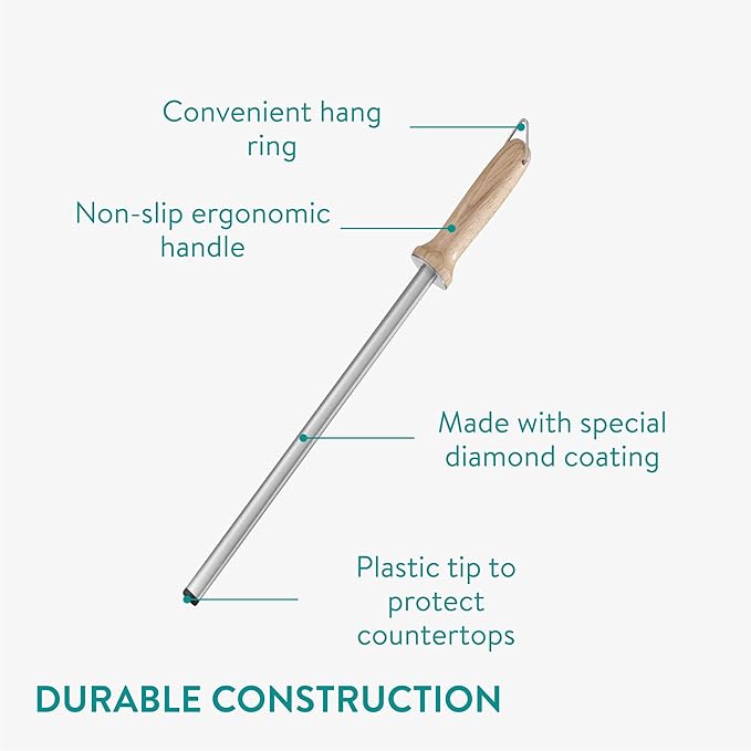 Navaris Diamond Sharpening Steel, 12 inch(31cm) Knife Sharpener with Ergonomic Wooden Handle, Honing Steel, Honing Rod for Knife Sharpening with Hanging Hook