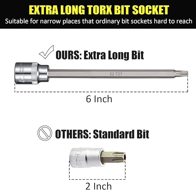 15-Piece Extra Long Torx Bit Socket Set 3/8" Drive T10-T60 Long Torx Bit Set, CR-V and S2 Steel, 6" Length