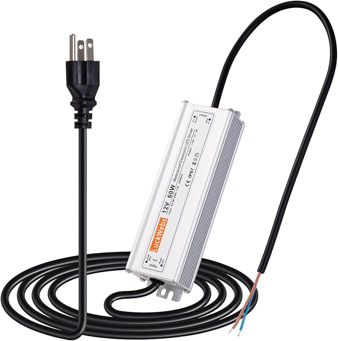 LED Driver 12V60W Waterproof IP67 Power Supply Transformer AC90-240V to DC 12V5A Switching Power Supply Stable Performance Suitable for Indoor Outdoor LED Strip Lights and 12V DC Devices