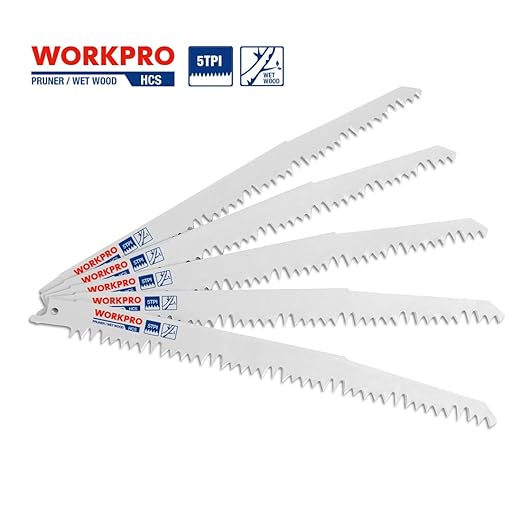 WORKPRO 5-Piece 9-Inch Wood Pruning Reciprocating Saw Blade Set, 5TPI, CR-V Steel Saw Blade Kit for Bosch, Black & Decker, Makita, Dewalt