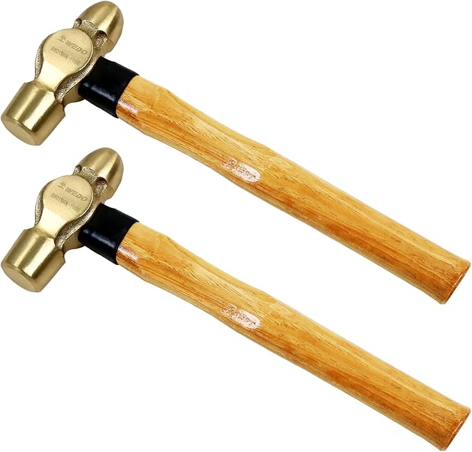 WEDO 2PCS Brass Ball Peen Hammer Set, 16 oz+16 oz(1lb+1lb), Brass Ball Pein Hammer Set with Wooden Handle, Die-Forged, Corrosion Resistant, DIN Standard