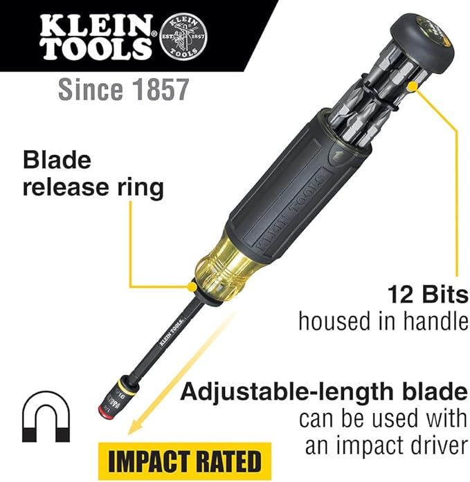 Klein Tools 32304 Screwdriver, 14-in-1 Adjustable Screwdriver with Flip Socket, HVAC Nut Drivers and Bits, Impact Rated