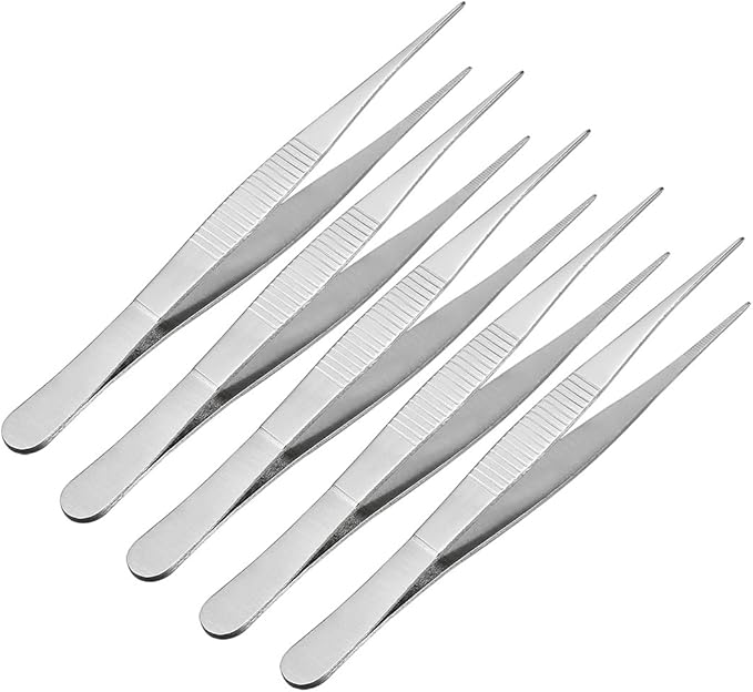 uxcell 5 Pcs 5-Inch Stainless Steel Straight Pointed Tweezers with Serrated Tip