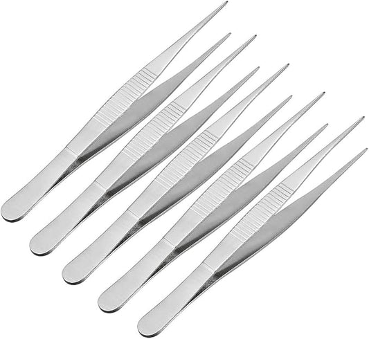 uxcell 5 Pcs 5-Inch Stainless Steel Straight Pointed Tweezers with Serrated Tip