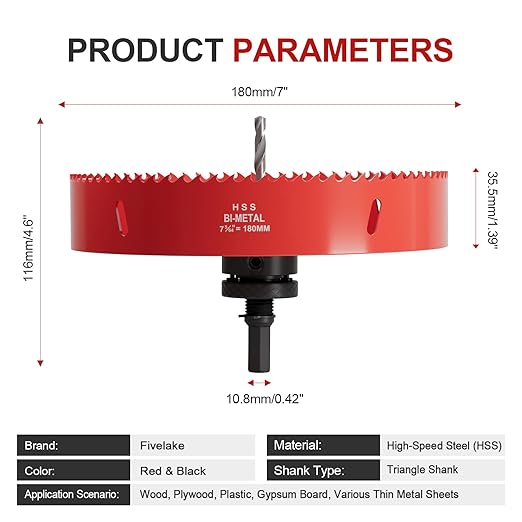 7.1" (180mm) Bi-Metal M42 High Speed Steel Hole Saw with Pilot Drill Bit, Smooth Cutting Edge for PVC, Drywall, Wood, Plastic, Gypsum Board, Rubber, Thin Metal
