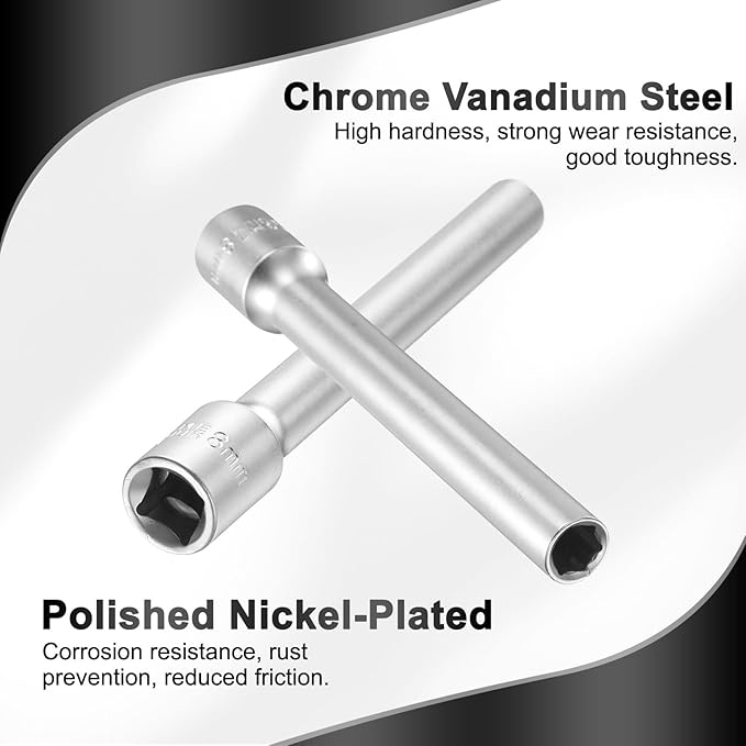 HARFINGTON 6 Points Deep Socket 3/8" Drive 8mm Deep Metric CR-V Steel Polished Nickel Plating Flip Sleeve 120mm / 4.7" Extra Long Socket Tool for Home Auto Nuts Bolts Repair