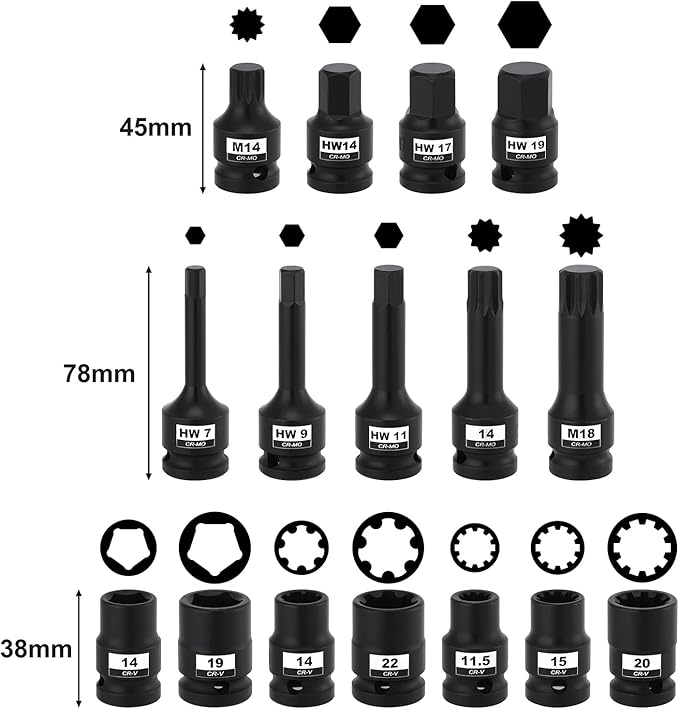Mayouko 16PCS 1/2" Drive Impact Brake Special Caliper Socket Set, 5PT 7PT 10PT M14 M18 & Hex Sockets Compatible for Audi/VW/Ford/Porsche/Benz/BMW/Mazda