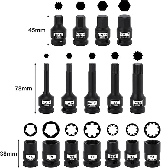 Mayouko 16PCS 1/2" Drive Impact Brake Special Caliper Socket Set, 5PT 7PT 10PT M14 M18 & Hex Sockets Compatible for Audi/VW/Ford/Porsche/Benz/BMW/Mazda