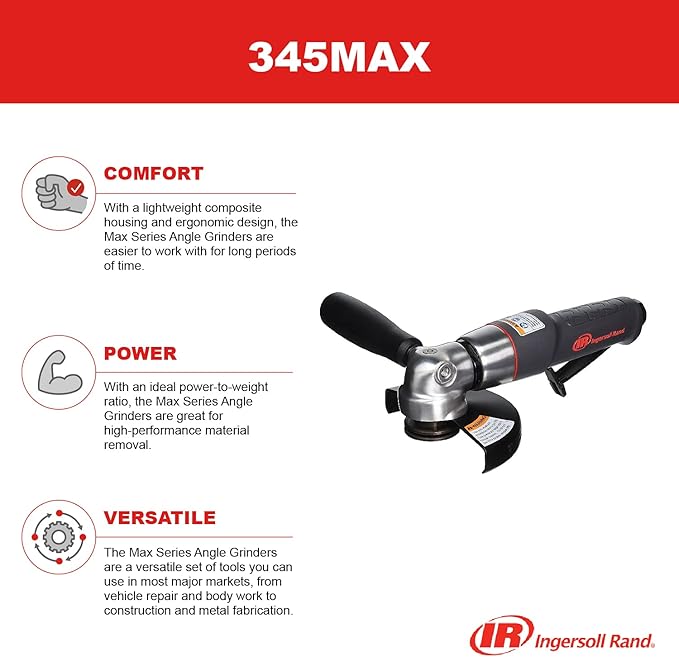 Ingersoll Rand 345MAX Air Angle Grinder/Cut-off Tool, 5" Wheel, 12,000 RPM, 0.88 HP, 5/8"-11 Thread, Rear Exhaust
