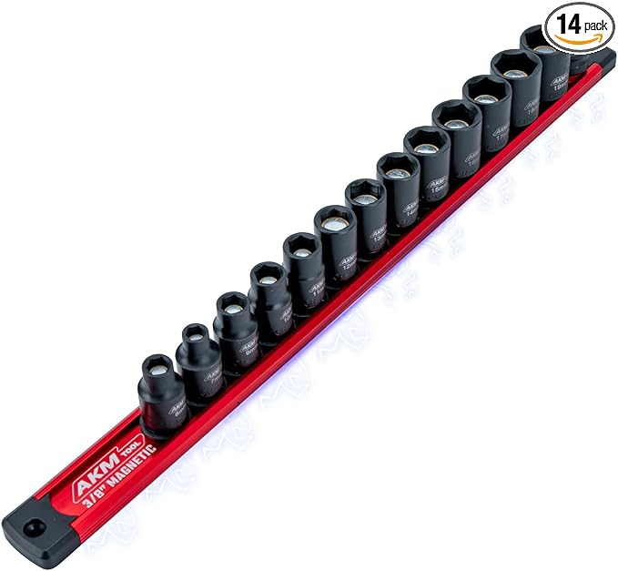 3/8 Inch Drive Magnetic Impact Socket Set, 14-Piece Metric, 7mm-19mm, 6 Point, Cr-Mo, Square Drive, Magnetic Socket with Adapter and Magnetic Rail