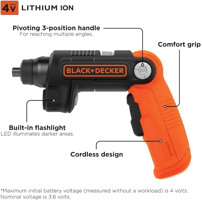 BLACK+DECKER Cordless Screwdriver with LED Light 4V MAX, Electric Screwdriver with 2 Pcs Bit Set (BDCSFL20C)