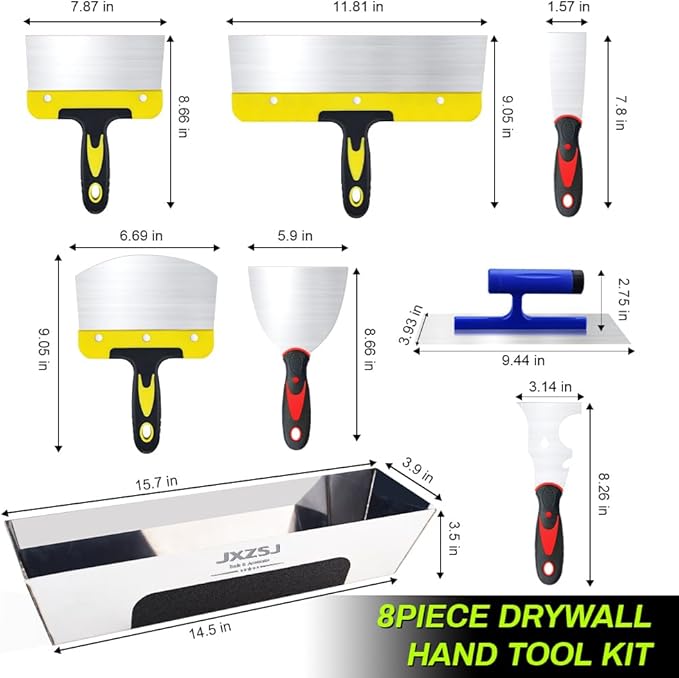 JXZSJ-Drywall Knife Set, 8 Pieces Stainless Steel Drywall Hand Tool Kit Includes Taping Knife, Putty Knives, Putty Knife Scraper, Finishing Trowel, Paint Scraper, Stainless Steel Mud Pan.