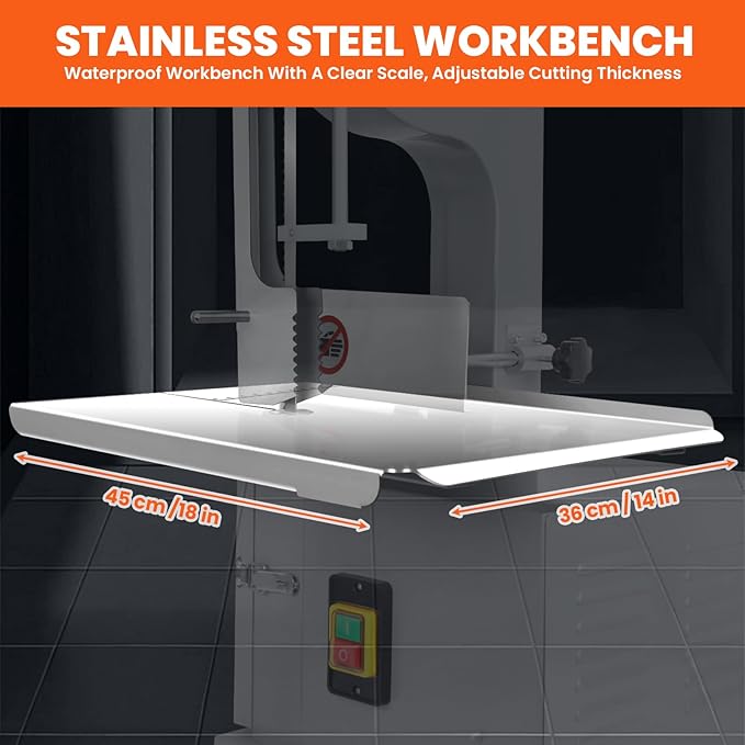 1000W Commercial Electric Meat Bandsaw, 18x14" Stainless Steel Worktable, Cuts 0.04-3.9" Thickness, Frozen Meat Cutter with 8 Blades Included, Electric Bone Saw Machine for Rib Pork Beef