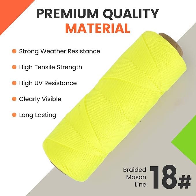 MERIANE Mason Line, 500 Ft #18 Braided Nylon String, Premium String for Masonry Jobs, Construction, Gardening, Net Making and Mending, DIY Projects, Fluorescent Yellow