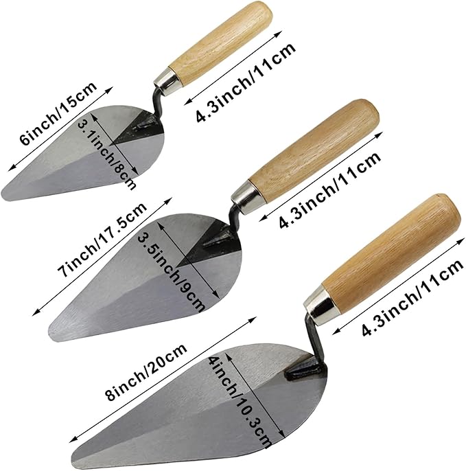 3-Pack Brick Trowel Set, 6" & 7" & 8" Pointing Trowel with Wood Handle,Masonry Hand Tool Set for Brickwork, Blockwork, Stonework, Masonry