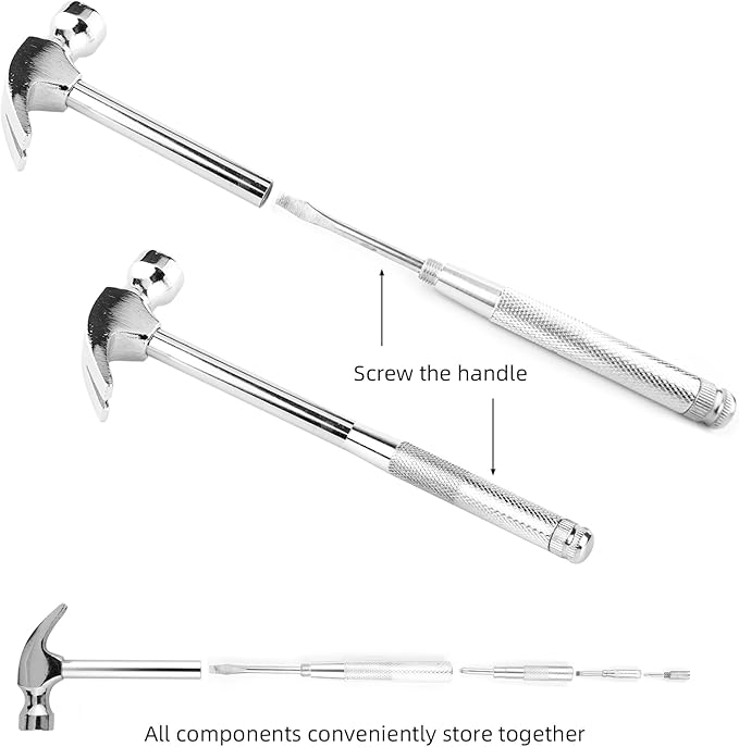 6-in-1 mini multifunctional metal hammer and screwdriver hand tool for opening walnuts, including cross and flat screwdrivers, home repair tools, and camping hammer set (Silver)