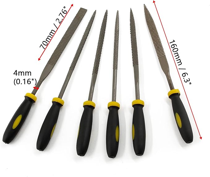 Bivethoi Metal Files Set of 6, Carbon Steel Rasp with Non-Slip TPR Rubberized Handle for Wood, Metal, Sharpening - Flat, Square, Triangle, Cylinder, Cone, Half-Round