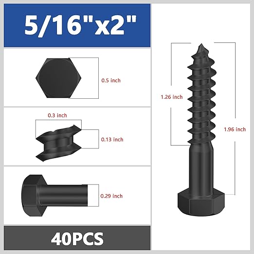 Lag Screws Wood Screws (40PCS, 5/16"x2", Black) Hex Head Lag Bolts,(8x50) Heavy Duty Lag Screws,304 Stainless Steel Bolts 18-8