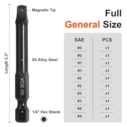 COMOWARE 10pcs Square Bit Set (SQ0-SQ4), S2 Steel 1/4" Hex Bit Set, Tamper-Proof Driver Bits Sets, CNC Tip Magnetic Drill Bitss, 2" Length, Impact Hex Bits Sets For Electronic Devices Disassembly