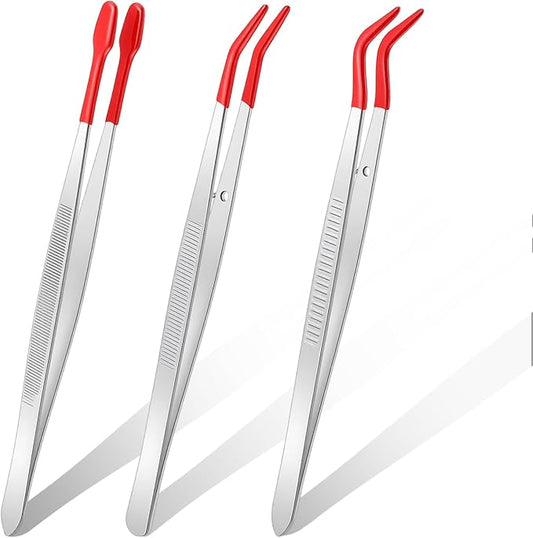 3 PCS Tweezers with Rubber Tips Set, Long Tweezers for Crafts, Crafting Tweezer for Jewelry, Sewing, Electronics, Stamps, Coins, Beads, PVC Coated, Bent & Straight Tips