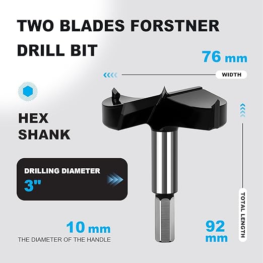 3 Inch Forstner Drill Bit Carbide Tipped,Woodworking Hinge Cutter for Precise Flat Bottom Holes in Hard Wood,Plywood,Plastic - Professional Grade