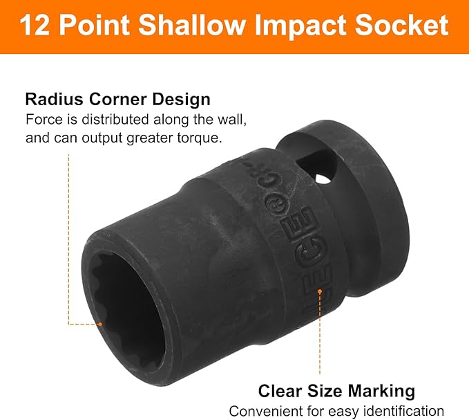 uxcell 1/2" Drive x 14mm Shallow Impact Socket 12-Point Metric CR-MO Steel Nut Impact Grade Socket for Auto Repair