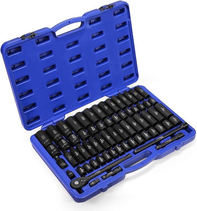 Stark USA 1/2" Drive Master Impact Socket Set, 65 Piece, Standard SAE (3/8"-1-1/4") & Metric (10-24 mm) Sizes, Deep & Shallow Kit, Includes Adapters & Ratchet Handle
