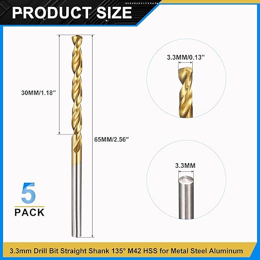 PATIKIL 3.3mm Drill Bit, M42 8% Cobalt High-Speed Steel Jobber Straight Shank 135° Titanium Nitride (TiN) Coated for Hard Metal Stainless Steel - 5 Pack