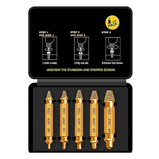Professional Screw Extractor Set, 5-Piece HSS 4341 Double-Headed Drill Bits, Gold Titanium-Coated Steel, M3-M18 Size Range with Storage Case, for Damaged Screw Removal