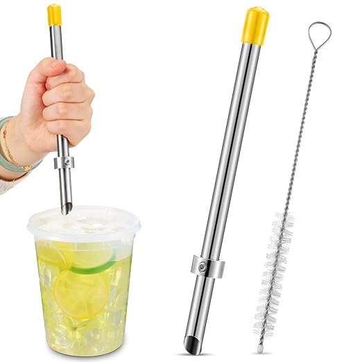 Lasnten 1 Pack Straw Puncher for Plastic Lids Lemonade Cups, Stainless Steel Straw Hole Puncher Punching Tools for Cafe Drinks Deli Container Fresh Squeezed Lemonade Stand Supplies (8.7 Inch,Yellow)