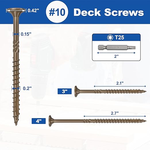 #10 x 3??Deck Screws, 500Pcs Star Drive Wood Screws, Rust Resistant Timber Screws for Timber/Log/Landscaping Wood, T25 Star Bit Included, Brown