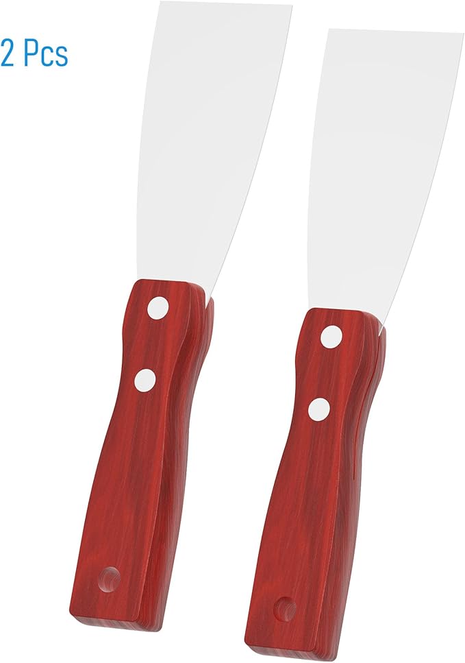 Putty Knife, 2PCS 2 Inch Stainless Steel Scraper Tool, Wooden Handle Metal Spackle Knives for Drywall, Decals, Wall Paper, Floor Tile, Patching, Painting, Taping, Scraping Coating