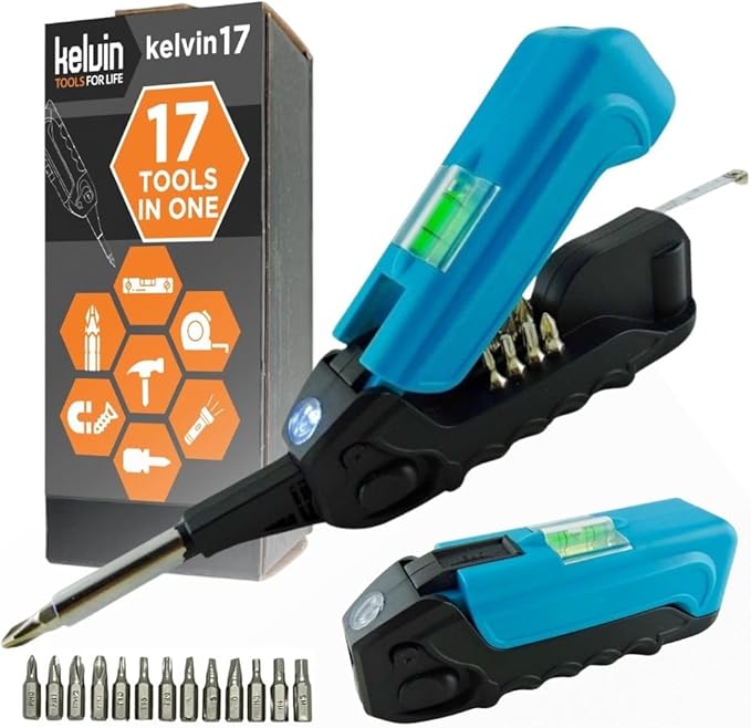 Kelvin Tools - Kelvin 17 Urban Screwdriver Set, All in One Everyday Multitool Screwdriver, Multi-Tip, Compact & Universal Precision, 13 Bit Set with Tape Measure, Liquid Level, Hammer and Flashlight